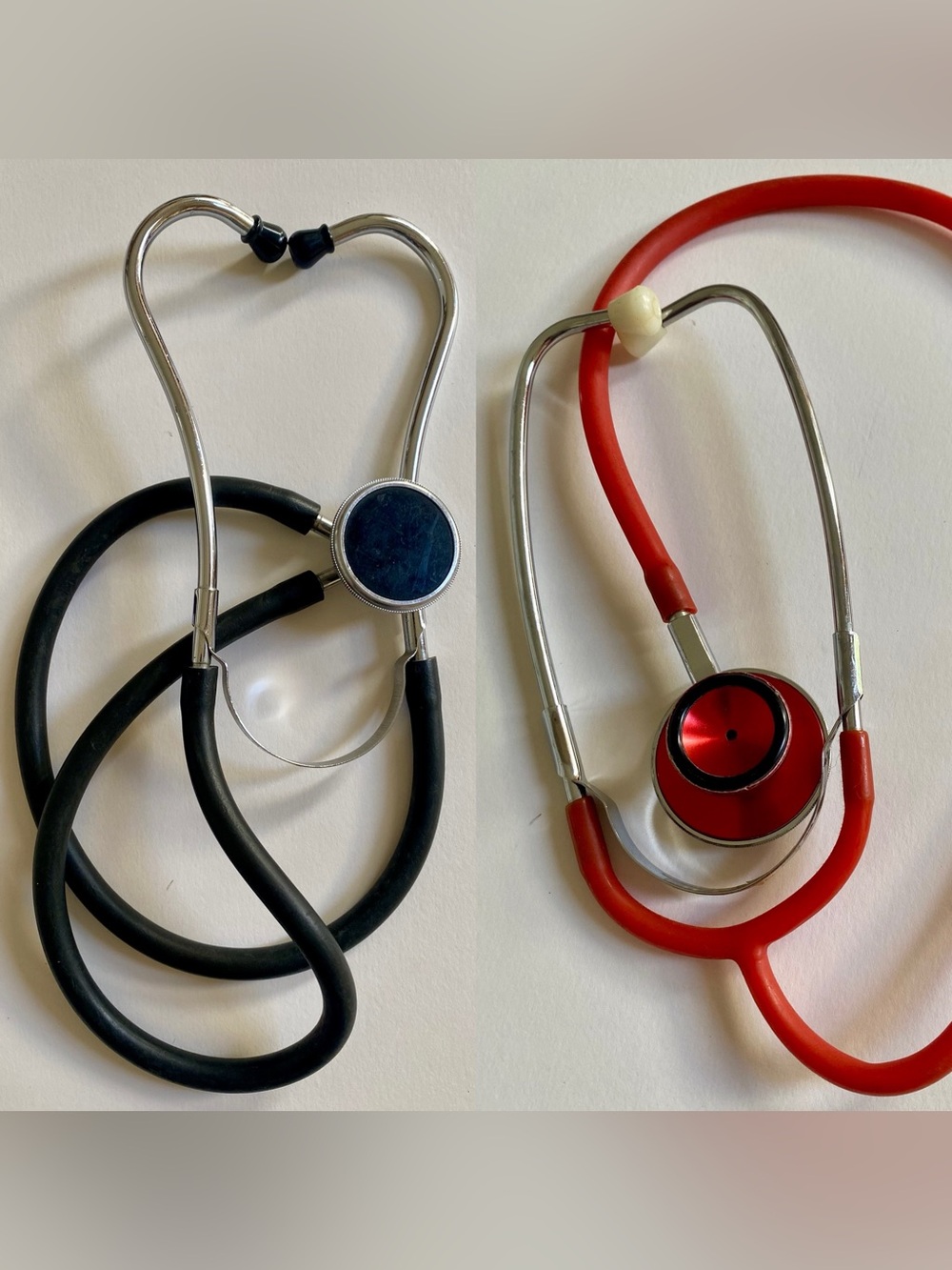 2 Vintage Stethoscopes, Retro Black & Silver, Red & Silver Stethoscopes